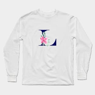 Watercolor Floral Letter L in Navy Long Sleeve T-Shirt